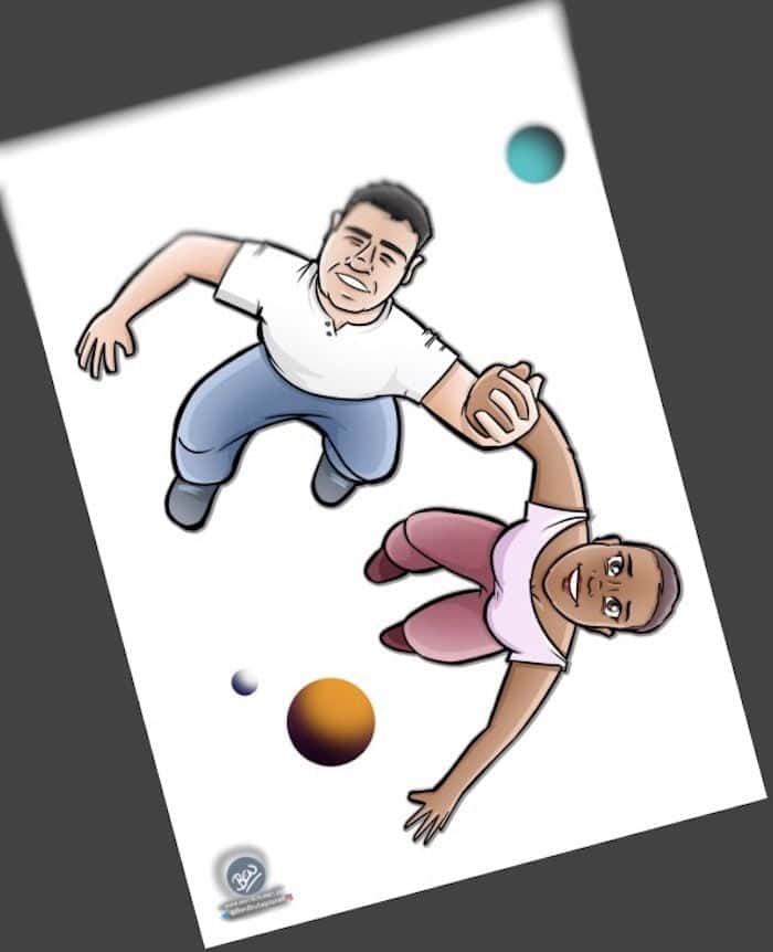 Ilustración Caricatura Personalizada - Pareja - fly me to the moon