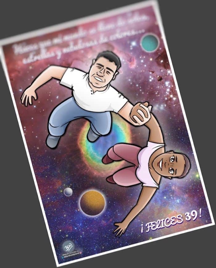 Ilustración Caricatura Personalizada - Pareja - fly me to the moon
