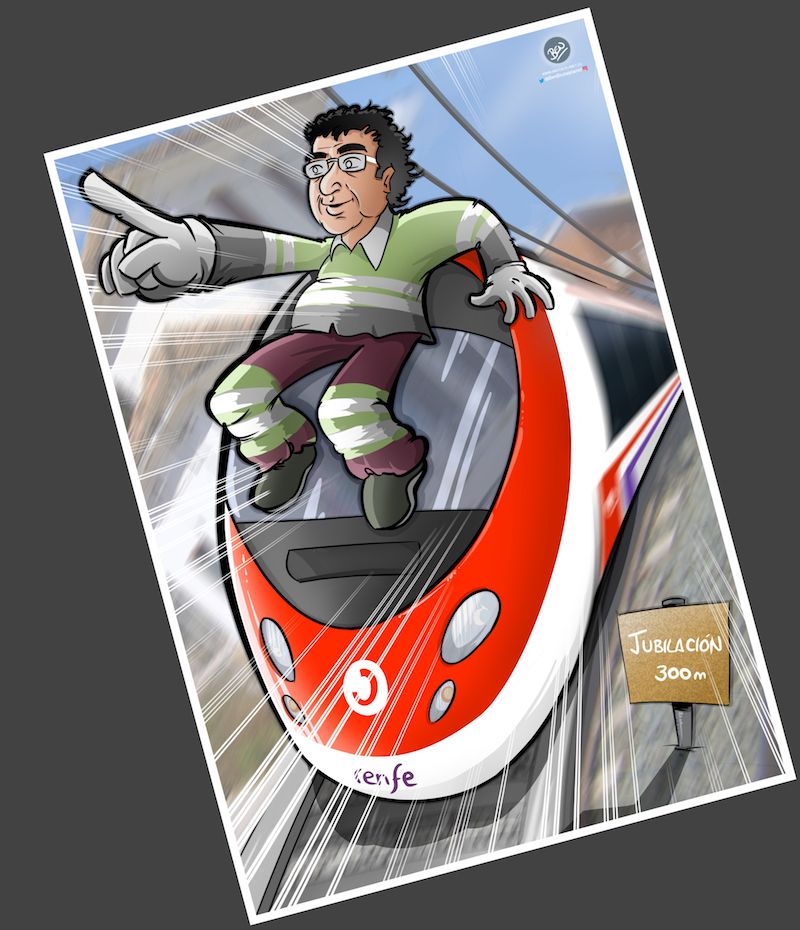 Ilustración Caricatura Personalizada - Jubilación y Trenes - A4