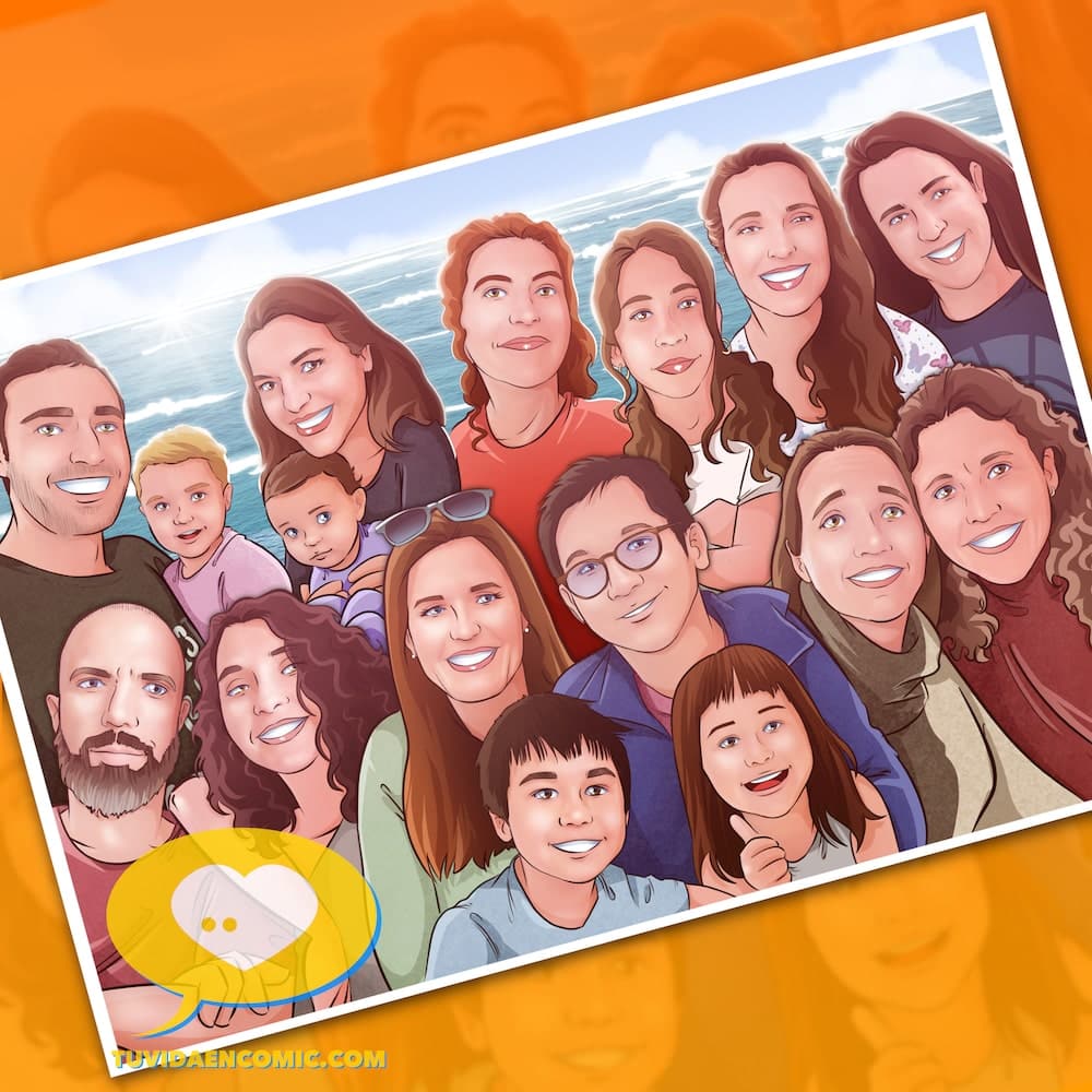 Una foto de familia diferente - Ilustración de familia - Caricatura de grupo - www.tuvidaencomic.com - regalo original para la familia - regalos personalizados