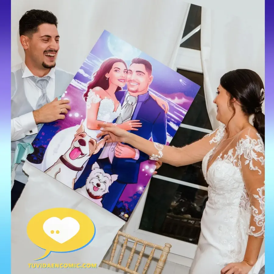 Ilustración romántica como regalo de boda - Juntos frente a la luna - Regalo romántico personalizado - Regalo para los novios - boda - Pareja frente a la luna - tuvidaencomic.com